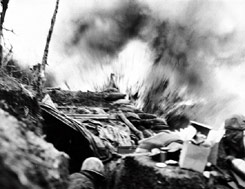 An enemy mortar round lands directly on a marine ridgeline position